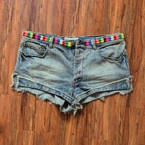 Free People Blue and Red Distressed Jean Shorts